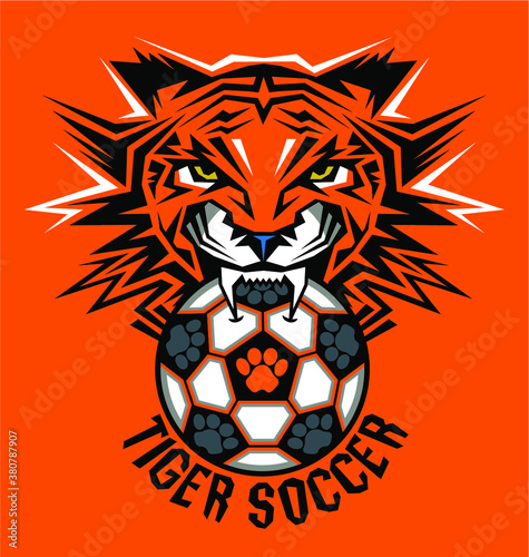 tribal tiger soccer team design with mascot and ball for school, college or league