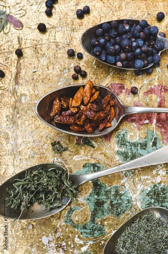 Herb and spices: dry Chili Peppers, Juniper berries, Tyhme and Marjoram photo