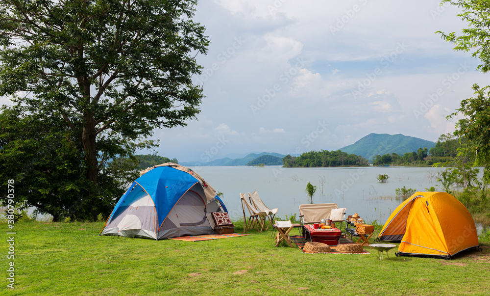 Εκτύπωση καμβά tent and camping in forest, dinner and adventure on nature background