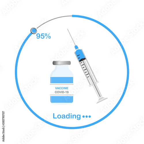 Vector illustration syringe with a coronavirus vaccine in progress recovery for fight with corona virus outbreak on the background white.