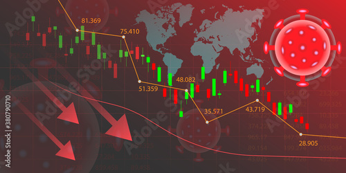Economy down on the stock exchange and the global economy because coronavirus or covid-19 impact. Background concept with of coronavirus, world map, bars of chart and candlestick. Vector Illustration.