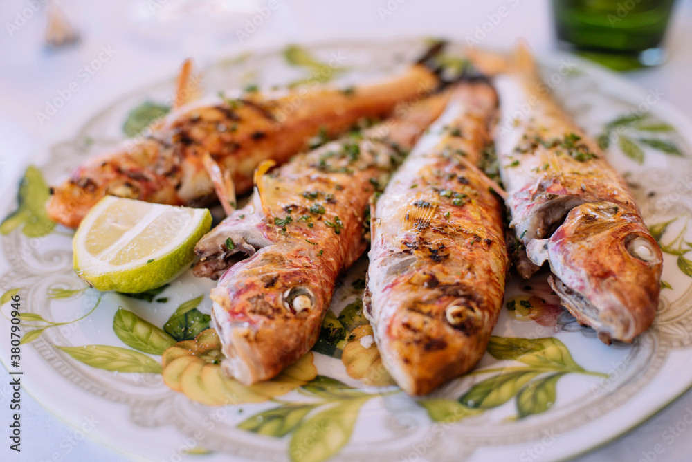 Food: Grilled and herbed red mullet on a plate Food: Grilled and herbed red mullet on a plate