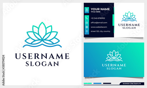 Lotus, magnolia flower line art style logo design. yoga, spa, beauty salon luxury logo with business card template