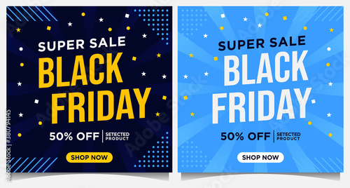 Black Friday event banners, social media post and background template in blue and yellow color with dot and star ornament