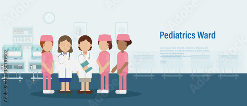Pediatrics ward banner with pediatricians and medical staff flat design vector illustration