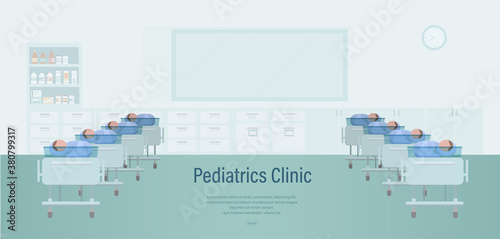 Pediatrics clinic banner with newborn babies flat design vector illustration