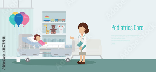 Pediatrics care banner with doctor and patient flat design vector illustration