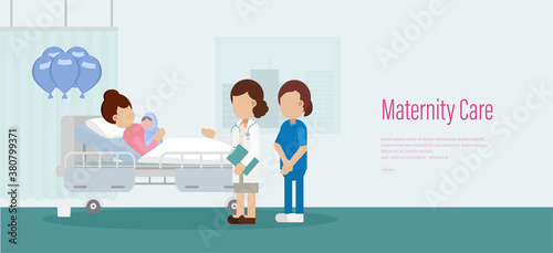 Fototapeta Naklejka Na Ścianę i Meble -  Maternity care banner with doctor flat design vector illustration