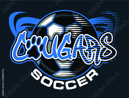 cougars soccer team design with ball and paw print for school, college or league