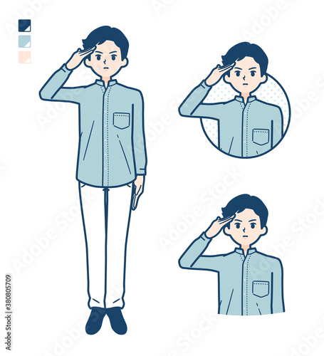 simple Stand collar shirt man_salute