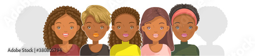 American girls group. African girls group. Girl group face set. Female portrait. Head, face and  hairstyle for puberty girl.