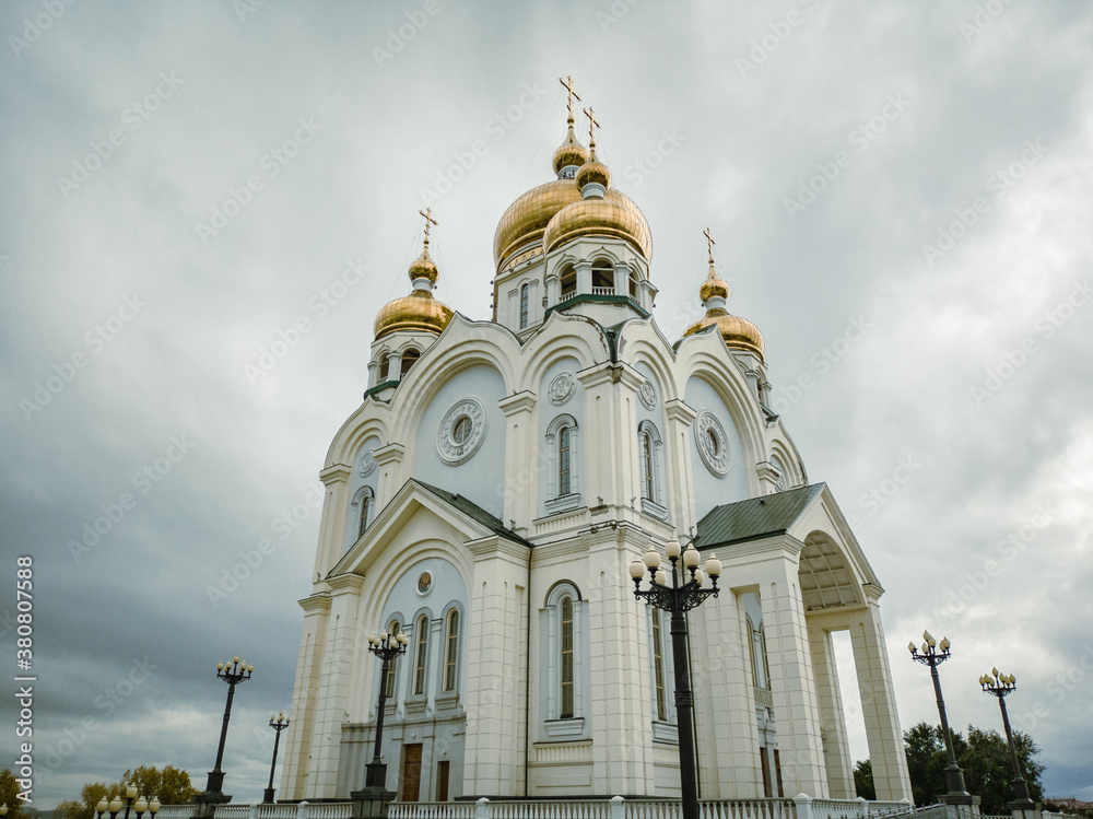 White stone Russian Orthodox church in Khabarovsk