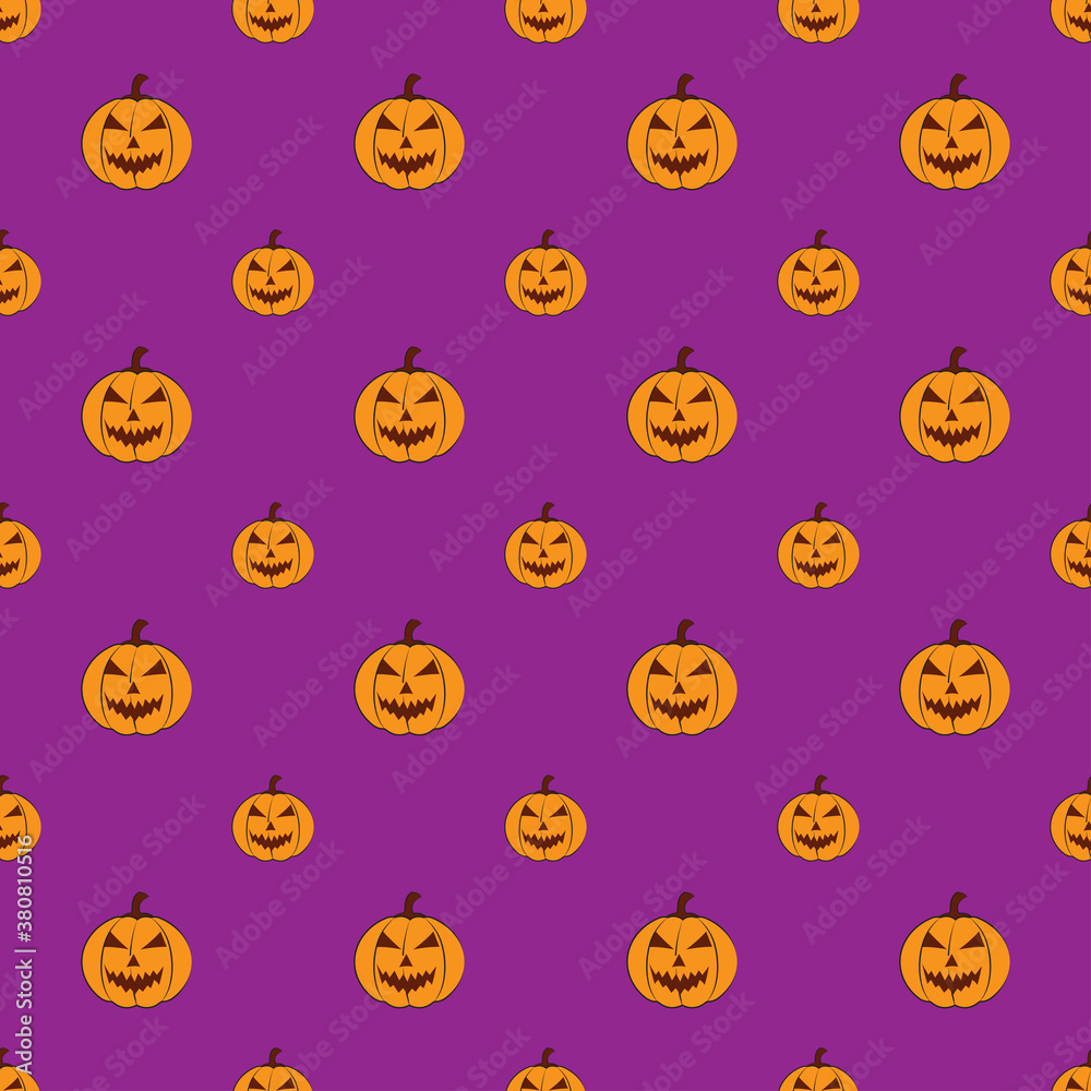 pumpkin character seamless pattern halloween holiday event purple color background design vector graphic, wrapping paper, decorative beautiful colorful wallpaper