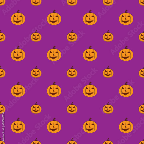 pumpkin character seamless pattern halloween holiday event purple color background design vector graphic, wrapping paper, decorative beautiful colorful wallpaper