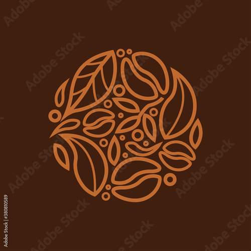natural coffee logo doodle style elegant circle shape brown color, vector graphic design