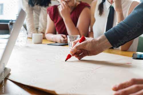 Corporate Teamwork - Closeup on Male Hand Using Red Marker to Draw Chart photo