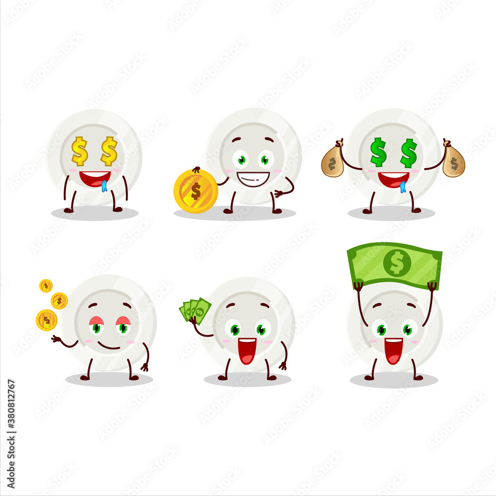 White plate cartoon character with cute emoticon bring money White plate cartoon character with cute emoticon bring money
