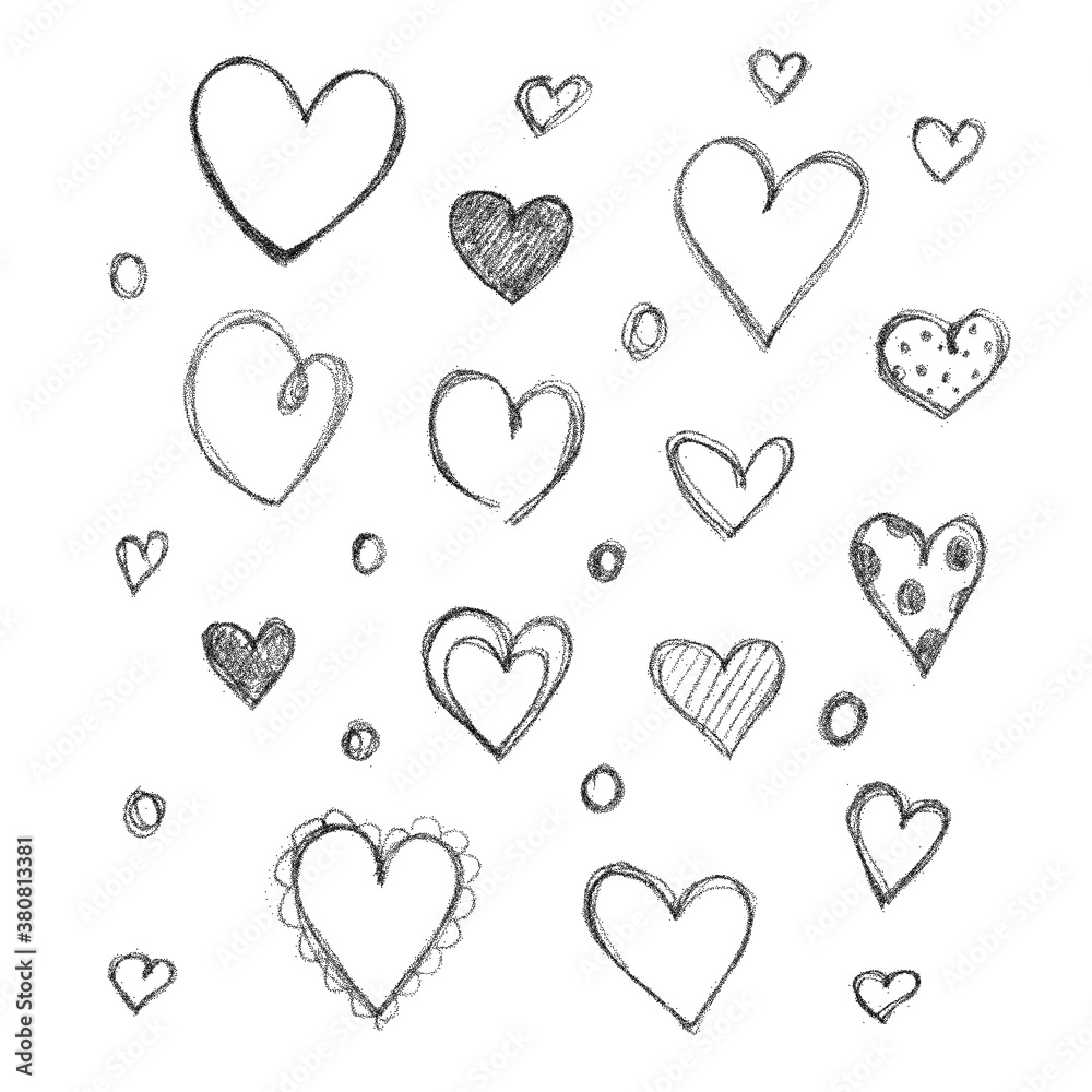 Set of hand drawn hearts isolated on white background