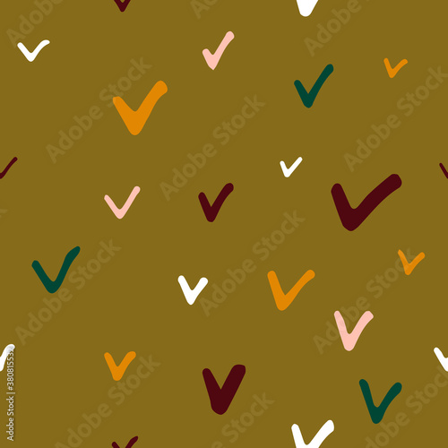 Seamless Scandinavian fall doodle pattern. Red, pink, gold hand-drawn check marks on green khaki background. Vector cozy autumn illustrations for wallpaper, fabric, wrapping paper, textiles, prints