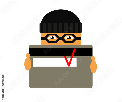 Phone scammer and bank card. Cartoon. Vector illustration.