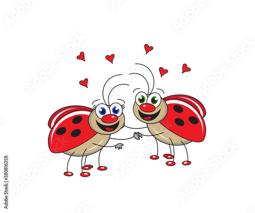 Two enamored ladybugs on a white background. Cartoon. Vector.