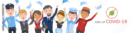 Hotel worker service group Of hotel. Hotel staff mask waitress.  Gestures very happy. Cheers! remove midical mask. End of COVID-19. Successful treatment. Vaccine against COVID-19. No pollution. 