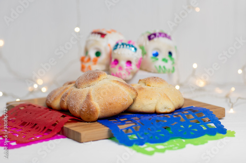 Sweetbread called Bread of the Dead (Pan de Muerto), Day of the dead Mexican tradition composition