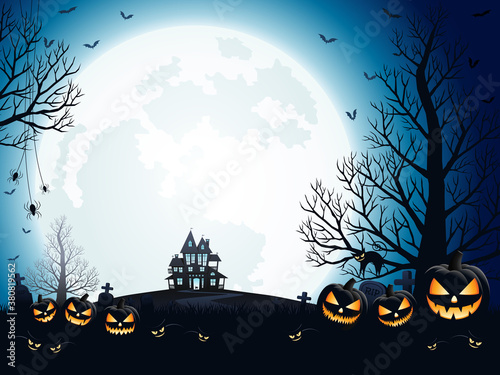 Halloween pumpkins, spooky trees and haunted house with moonlight on blue background.