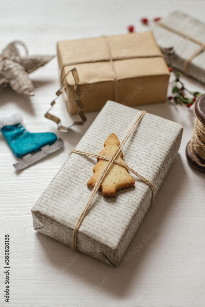 Christmas presents with pine tree shaped cookie Christmas presents with pine tree shaped cookie
