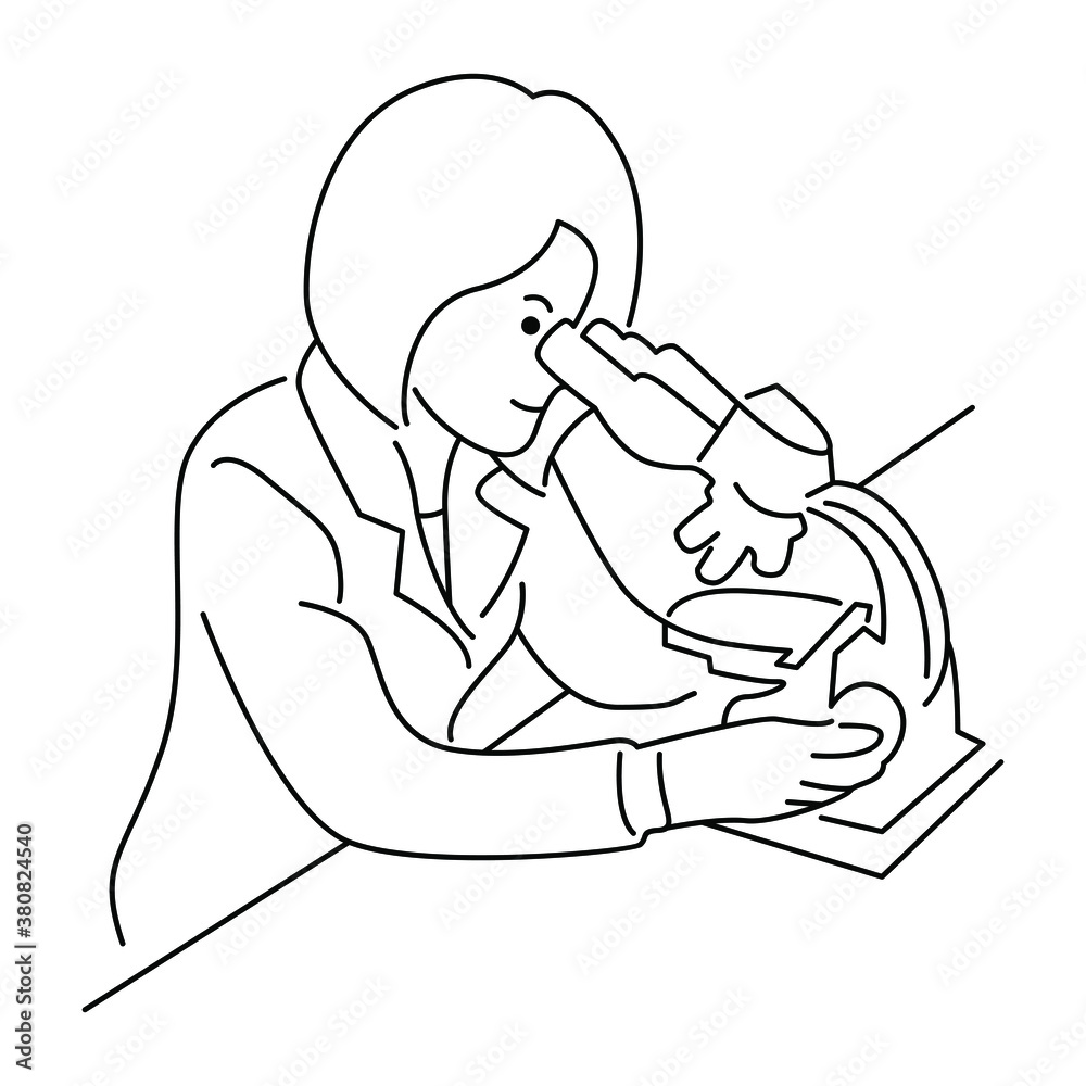 Laboratory assistant looking through microscope, scientists in medical laboratory doing research