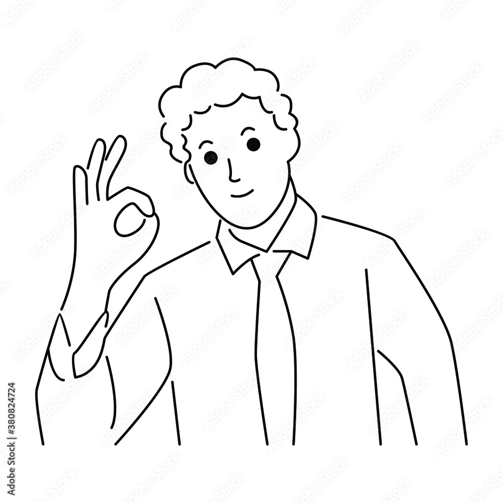 Businessman shows ok sign. Vector line art illustration Businessman shows ok sign. Vector line art illustration