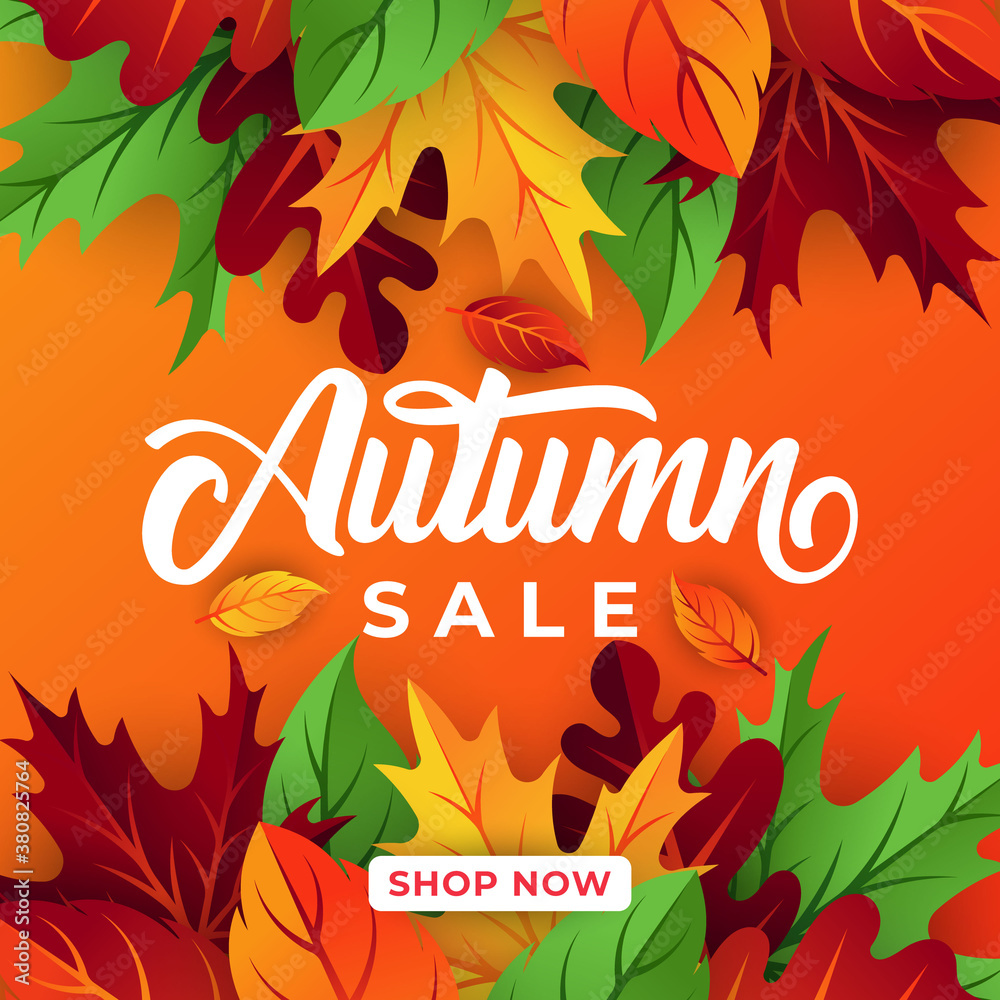 Obraz premium Autumn sale background vector with decorative leaves. Autumn Sale Vector background Illustration. Abstract Autumn Sale background design template for advertising, flyer, web banner, poster, brochure