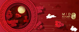 Greeting card and poster of Chinese Mid Autumn Festival in a fantasy 3d and paper cut style on gradient red background.