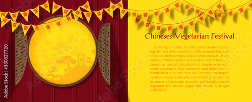 Chinese vegetarian festival triangle flag on 3d ancient window doors with landscape view example texts and yellow background. Chinese letters is meaning "Fasting" for worship Buddha" in English.