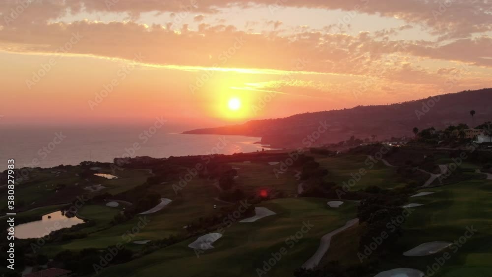 California Coastline Sunset Aerial Shot Golf Course Left Telephoto California Coastline Sunset Aerial Shot Golf Course Left Telephoto