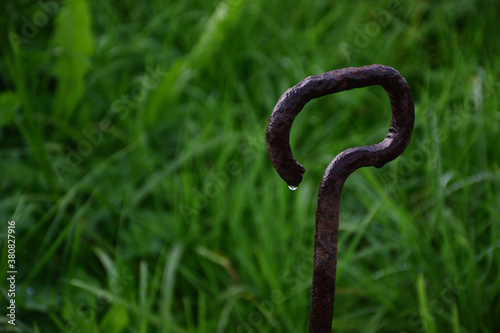 A rusty metal crowbar stuck in the ground and rusting in the autumn rain.