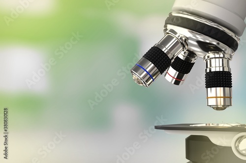 Fototapeta Naklejka Na Ścianę i Meble -  vaccine work concept, lab modern scientific microscope on selective focus background - object 3D illustration