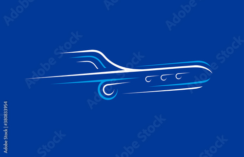 Airplane logo lines style plane silhouette white color blue background