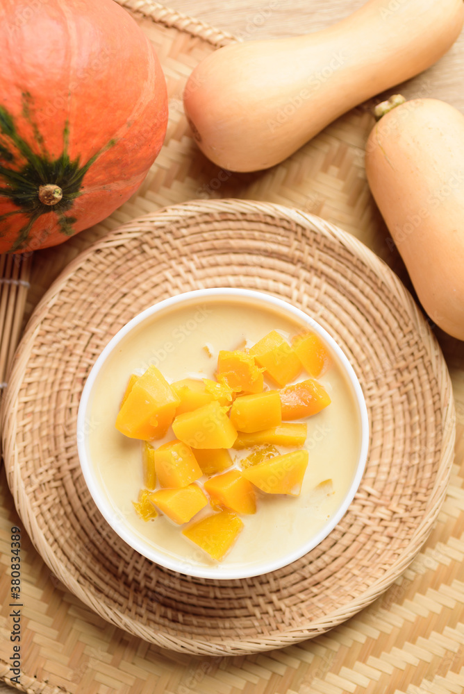 Thai sweet food, pumpkin in sweet coconut milk Thai sweet food, pumpkin in sweet coconut milk
