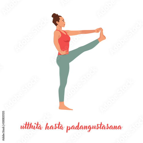 Young attractive woman practicing yoga, standing in Extended Hand to Big Toe exercise, Utthita Hasta Padangustasana pose, working out wearing sportswear, indoor full length, white studio, profile