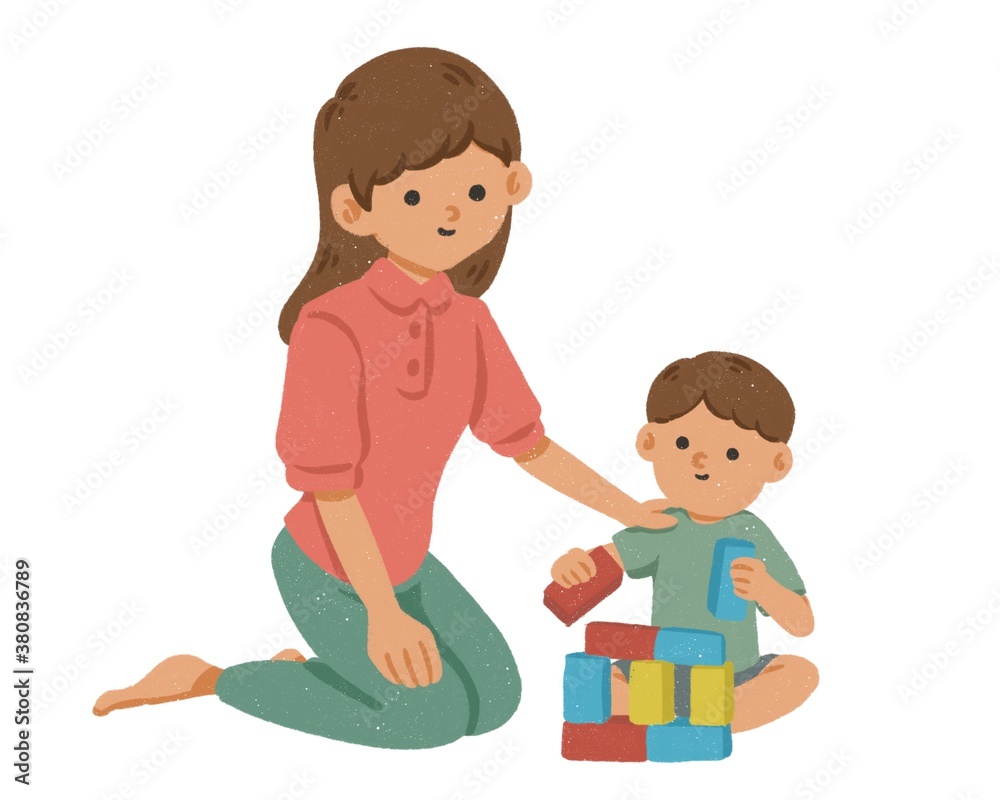 Mother Play with Kids Education Toys Hand Drawn Cartoon Mother Play with Kids Education Toys Hand Drawn Cartoon