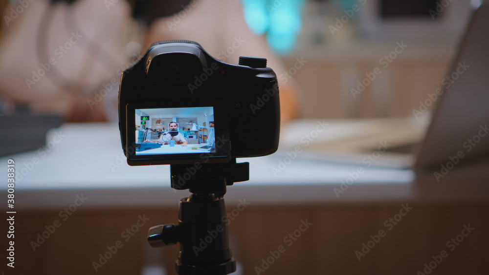 Doing vlog production with professional gear in home studio. Creative online show On-air production internet broadcast host streaming live content, recording digital social media communication