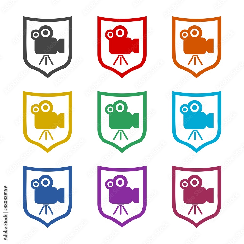 Shield icon with a film camera, color set