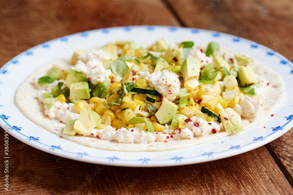Mexican Vegan Zucchini Corn Open-faced Burritos Mexican Vegan Zucchini Corn Open-faced Burritos