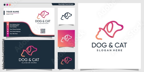 Dog and cat logo modern gradient line art style and business card design template Premium Vector