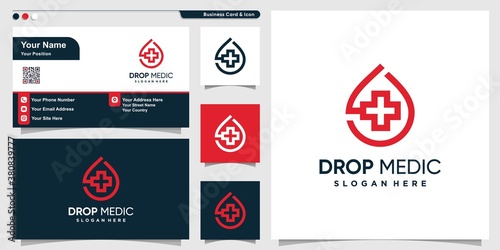 Medical logo with drop blood line art style and business card design template, health, care, wellnes, Premium Vector