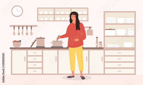 Young woman preparing food in the kitchen. Flat cartoon vector illustration
