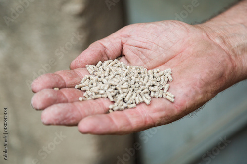 Farmer's hand with pellet feed