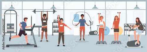 A group of young fit people men and women doing sports in the gym. Lifting barbell, running on a treadmill, jumping rope, lifting dumbbells and riding an exercise bike. Flat vector illustration.