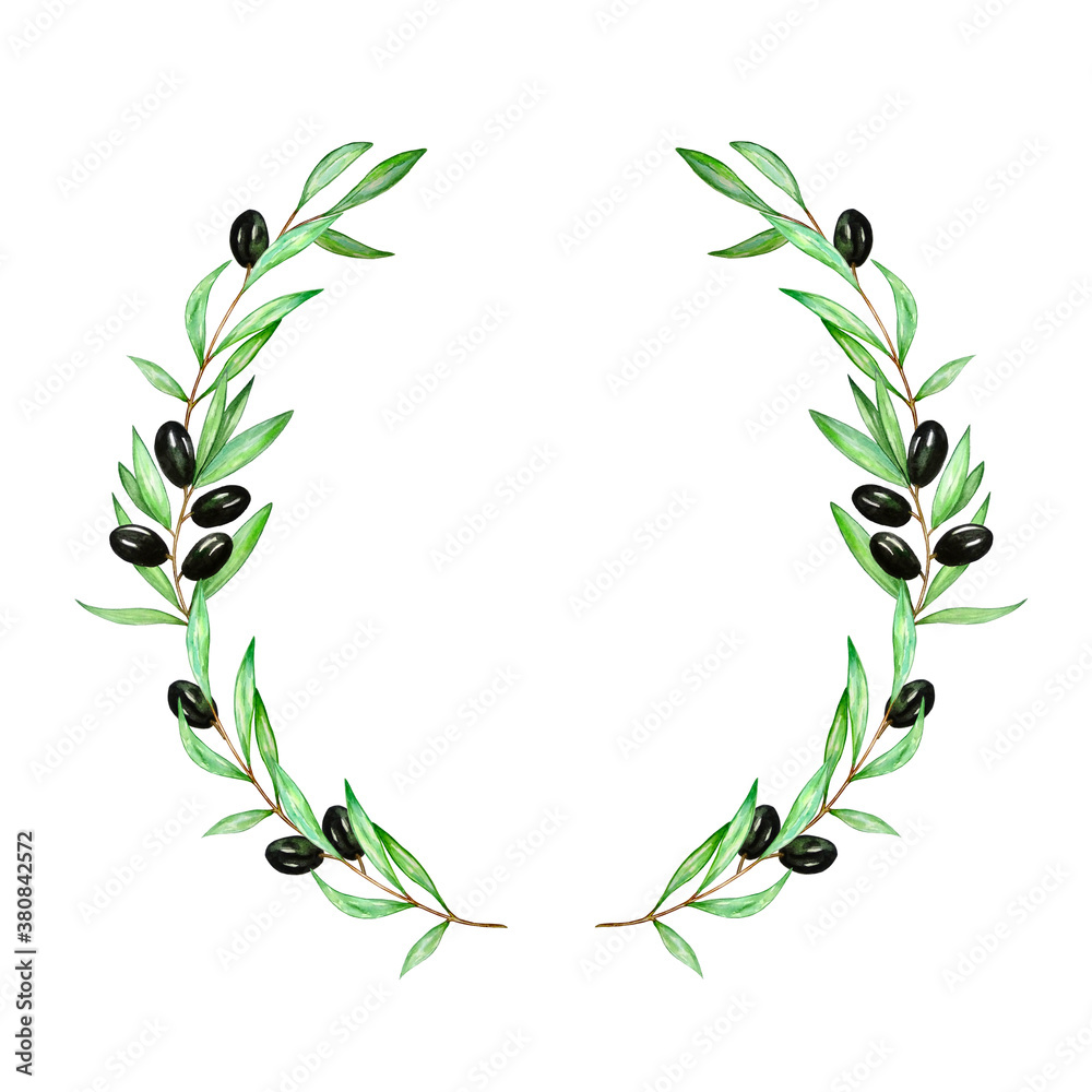Watercolor wreath from a branch of an olive tree